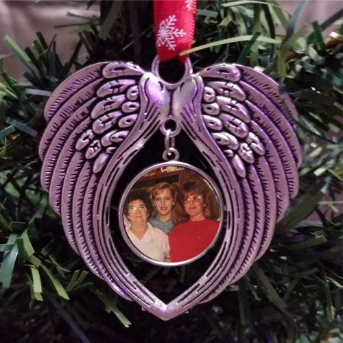 Personalized Angel Wing Ornament with Photo. Circle image are Silver color Wings
