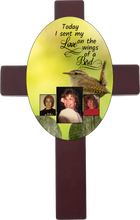 Load image into Gallery viewer, Personalized Memorial Oval Cross with 3 photos/images with different bird backgrounds and on the wings of a bird saying