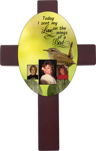 Personalized Memorial Oval Cross with 3 photos/images with different bird backgrounds and on the wings of a bird saying