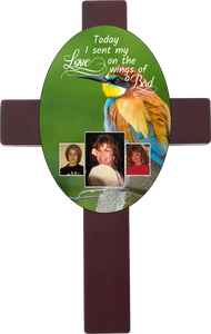 Personalized Memorial Oval Cross with 3 photos/images with different bird backgrounds and on the wings of a bird saying