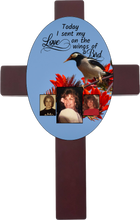 Load image into Gallery viewer, Personalized Memorial Oval Cross with 3 photos/images with different bird backgrounds and on the wings of a bird saying