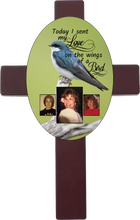 Load image into Gallery viewer, Personalized Memorial Oval Cross with 3 photos/images with different bird backgrounds and on the wings of a bird saying