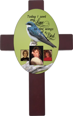 Personalized Memorial Oval Cross with 3 photos/images with different bird backgrounds and on the wings of a bird saying