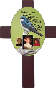 Personalized Memorial Oval Cross with 3 photos/images with different bird backgrounds and on the wings of a bird saying