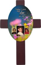 Load image into Gallery viewer, Personalized Memorial Oval Cross with 3 photos/images with different bird backgrounds and on the wings of a bird saying