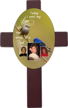 Load image into Gallery viewer, Personalized Memorial Oval Cross with 3 photos/images with different bird backgrounds and on the wings of a bird saying