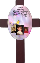 Load image into Gallery viewer, Personalized Memorial Oval Cross with 3 photos/images with different bird backgrounds and on the wings of a bird saying