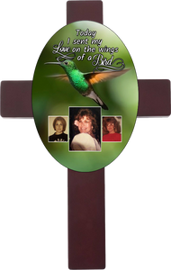 Personalized Memorial Oval Cross with 3 photos/images with different bird backgrounds and on the wings of a bird saying