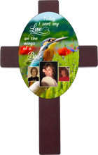 Load image into Gallery viewer, Personalized Memorial Oval Cross with 3 photos/images with different bird backgrounds and on the wings of a bird saying