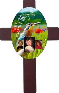 Personalized Memorial Oval Cross with 3 photos/images with different bird backgrounds and on the wings of a bird saying
