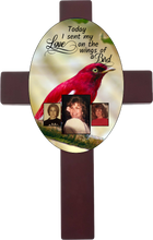 Load image into Gallery viewer, Personalized Memorial Oval Cross with 3 photos/images with different bird backgrounds and on the wings of a bird saying