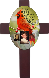 Personalized Memorial Oval Cross with 3 photos/images with different bird backgrounds and on the wings of a bird saying