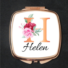 Load image into Gallery viewer, Compact Mirror Rose Gold Square Floral Initial