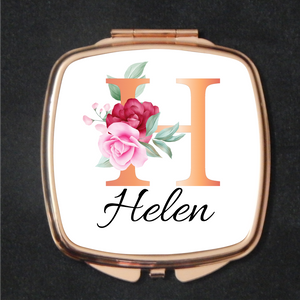 Compact Mirror Silver Square Floral Initial