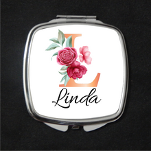Load image into Gallery viewer, Compact Mirror Silver Square Floral Initial