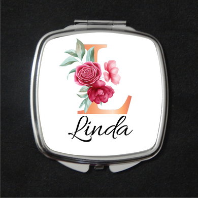 Compact Mirror Silver Square Floral Initial