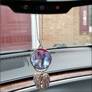 Personalized Angel wing memorial car mirror hanger (review mirror) silver with pet image