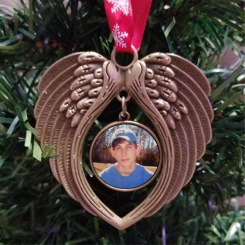 Personalized Angel Wing Ornament with Photo. Circle image are Bronze color Wings