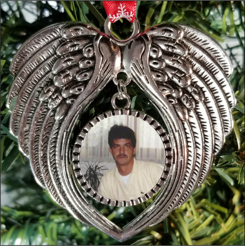 Personalized Memorial Angel Wing Christmas Ornament Silver Color with picture
