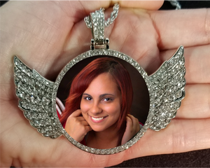Personalized Memorial Large Rhinestone Angel Wing Silver Necklace With Picture