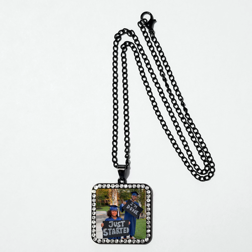 Personalized photo rhinestone square black necklace