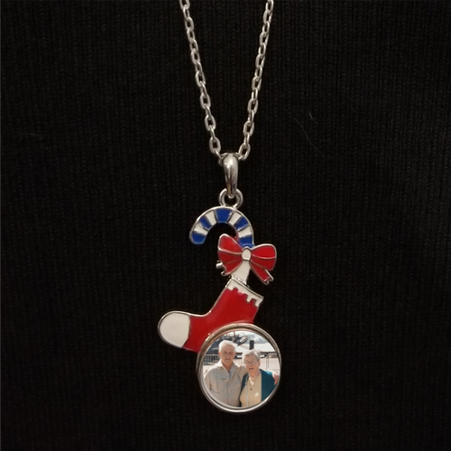 Personalized Custom Candy Cane and Stocking Christmas Necklace With Photo.