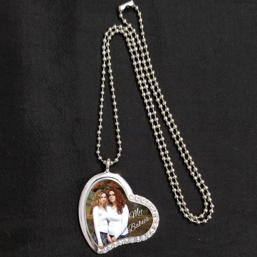 Personalized Photo Rhinestone Peach Heart Necklace Silver