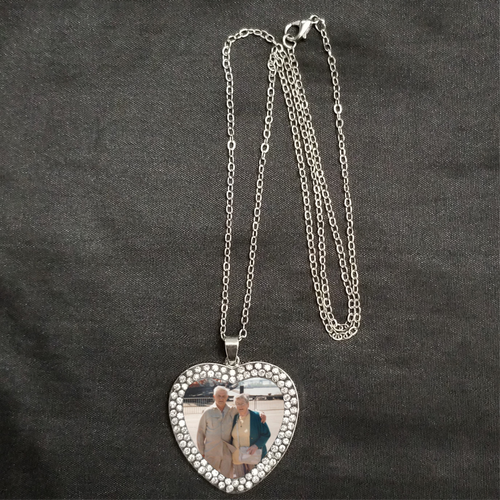Personalized Photo Memorial Rhinestone Heart Necklace Silver