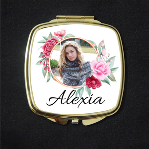 Compact Mirror Silver Square Floral Frame With Photo