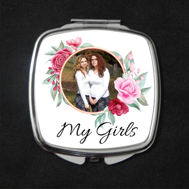 Compact Mirror Silver Square Floral Frame With Photo